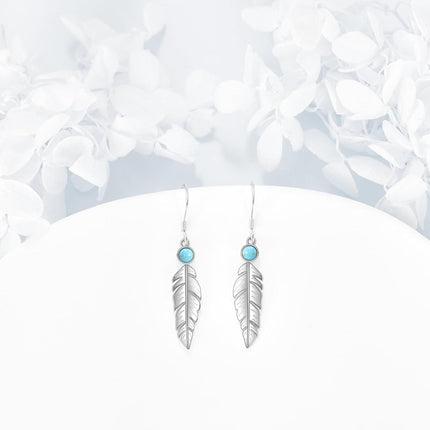 925 Sterling Silver Feather Turquoise Drop Earrings for Women Girls