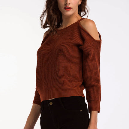 Double Take Round Neck Cold-Shoulder Ribbed Sweater