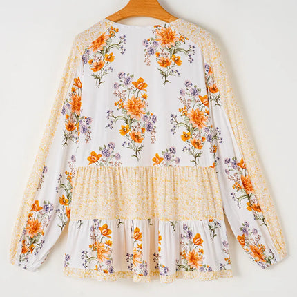Plus Size Printed Tie Neck Long Sleeve Blouse