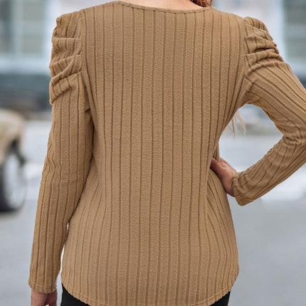 Ribbed Scoop Neck Puff Sleeve T-Shirt