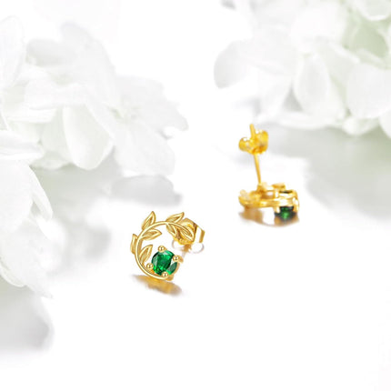 14K Gold Emerald Green CZ Leaves Stud Earrings for Women
