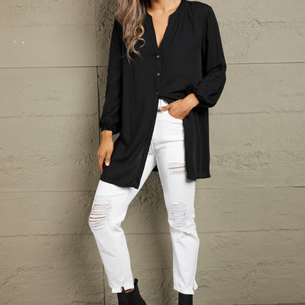 Double Take Notched Neck Balloon Sleeve Shirt