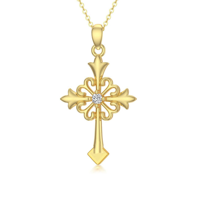 14K Gold Diamond Accented Filigree Cross Pendant Necklace for Women - 28 Chain Length