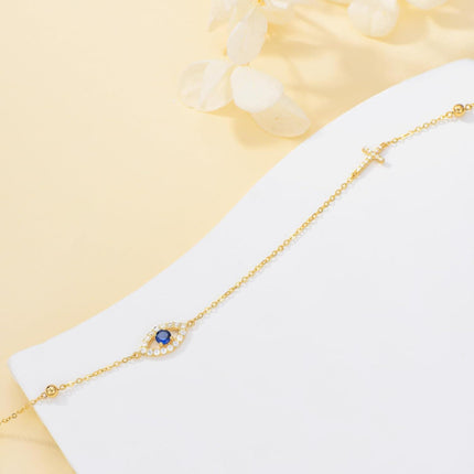 14K Gold Cross & Heart Charm Evil Eye Adjustable Bracelet (Size: S/M/L/XL)