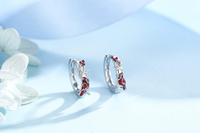 925 Sterling Silver Cardinal Earrings Hypoallergenic Hoop Red Bird Gifts for Women