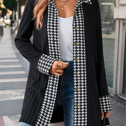 Houndstooth Button Up Long Sleeve Cardigan