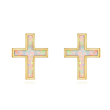 14K Gold Opal Cross Stud Earrings for Women - Religious Ideas