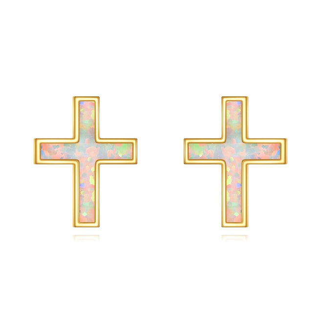 14K Gold Opal Cross Stud Earrings for Women - Religious Ideas