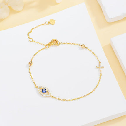 14K Gold Cross & Heart Charm Evil Eye Adjustable Bracelet (Size: S/M/L/XL)