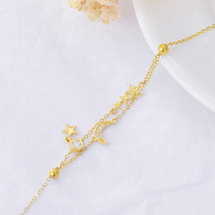 14K Gold Star & Moon Charm Ankle Anklet with Tassels - 8+2 Inches