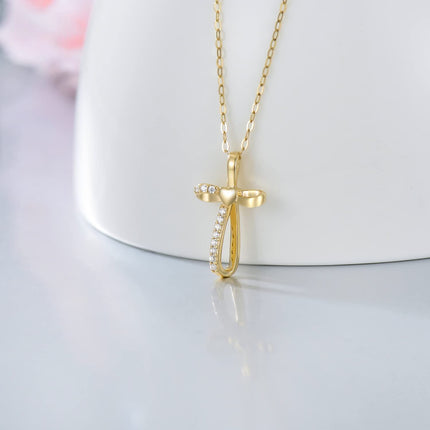 14K Gold Heart-Shaped Diamond Cross Pendant Necklace for Women Girls Faith s 17-39 Inches Adjustable Chain Length