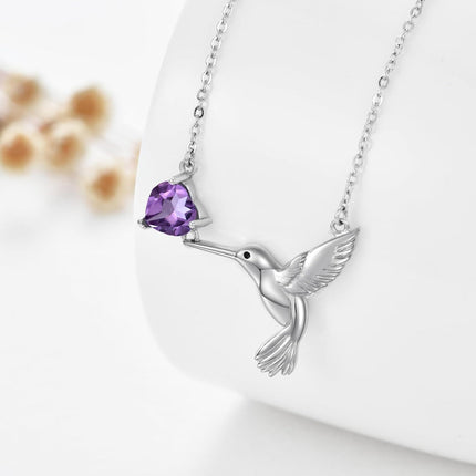 925 Sterling Silver Purple Amethyst Hummingbird Pendant Necklace for Women
