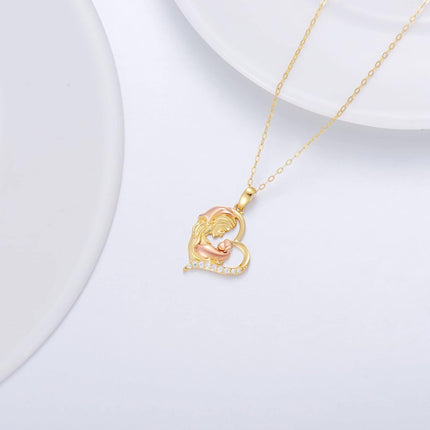 14K Gold Mother and Child Pendant Necklace with Cubic Zirconia - Gift for Mom/Wife/Grandma (18 Inches)