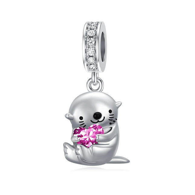 925 Sterling Silver Pink Tourmaline Otter Charm Bead for Bracelet, 11.2x15mm, Zircon Accented, October Birthstone Gift for Women