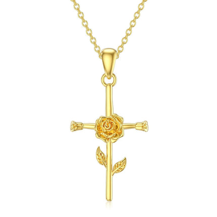 14K Gold Rose Cross Necklace - 12 Months Pendant s for Her