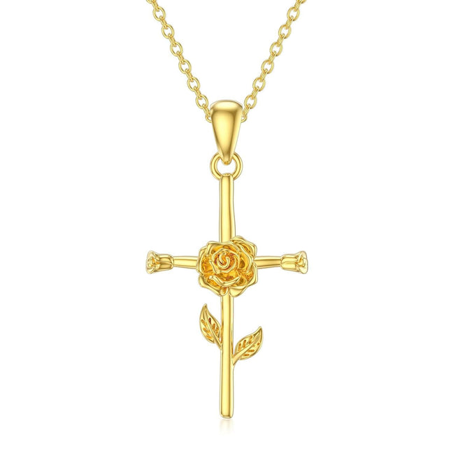 14K Gold Rose Cross Necklace - 12 Months Pendant s for Her