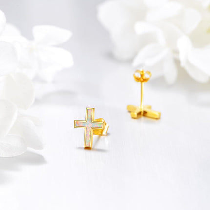 14K Gold Opal Cross Stud Earrings for Women - Religious Ideas