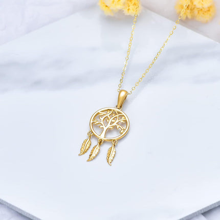 14K Gold Tree of Life Dreamcatcher Feather Pendant Necklace for Women