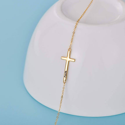 14k Gold Sideways Faith Cross Bracelet for Women Adjustable Chain 6.5 - 8.5