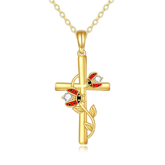 14K Gold Cross with Ladybugs and Crystal Accents Pendant Necklace for Women