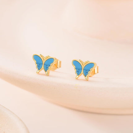 14K Gold Turquoise and Blue Opal Butterfly Stud Earrings for Women