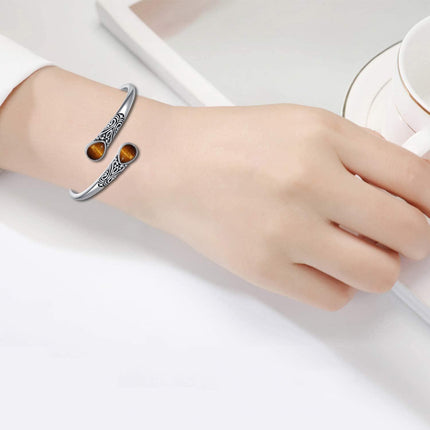 925 Sterling Silver Black Onyx Gemstone Adjustable Bohemian Cuff Bracelet