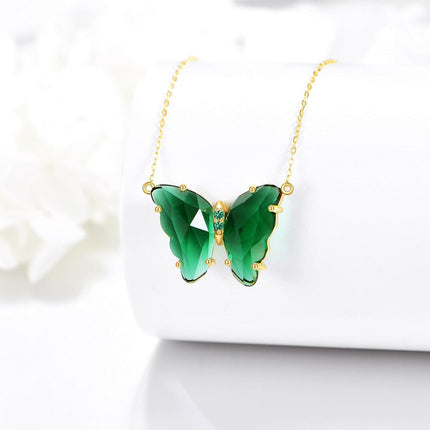 14K Gold Butterfly Green Crystal Pendant Necklace 18 Chain s for Her