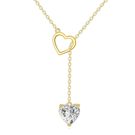 14K Gold Heart Pendant with Cubic Zirconia Lariat Necklace for Women's s