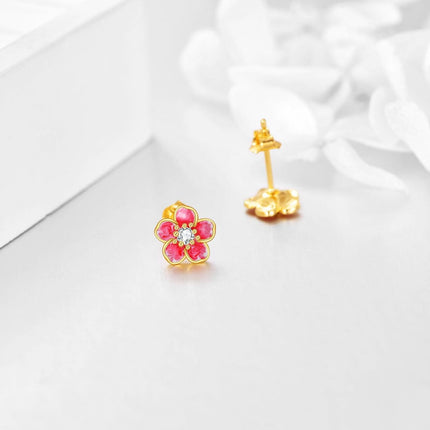 14K Gold 14K Gold Red Enamel Floral Stud Earrings with Crystal Accents - Gifts for Her