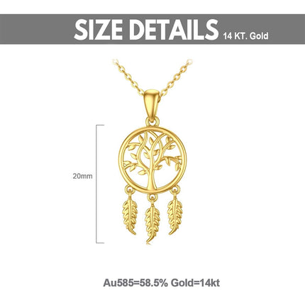 14K Gold Tree of Life Dreamcatcher Feather Pendant Necklace for Women