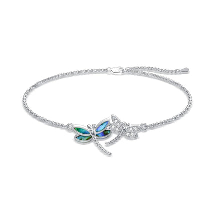 925 Sterling Silver Dragonfly Design Crystal Ankle Anklet - Adjustable Size
