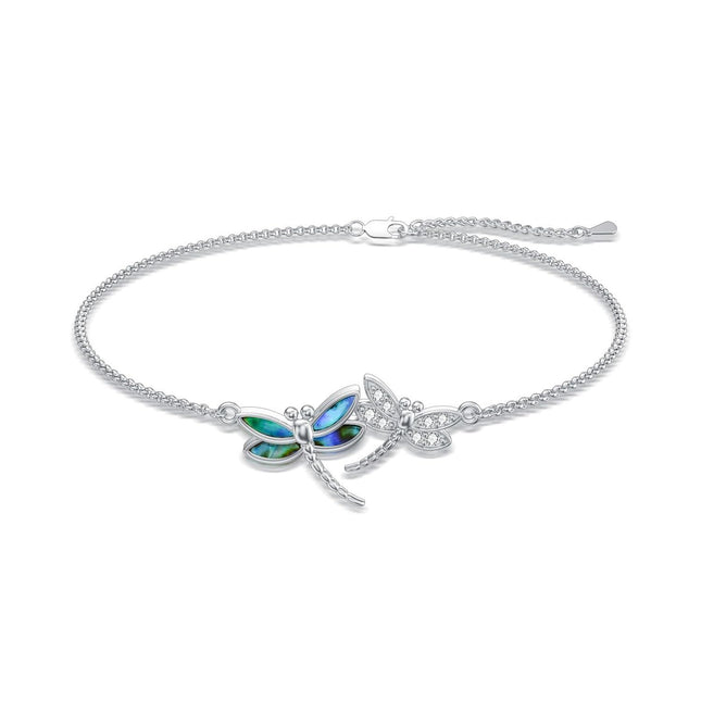 925 Sterling Silver Dragonfly Design Crystal Ankle Anklet - Adjustable Size