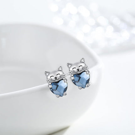 925 Sterling Silver Heart-Shaped Blue Crystal Cat Stud Earrings - Adorable Kitty  for Her
