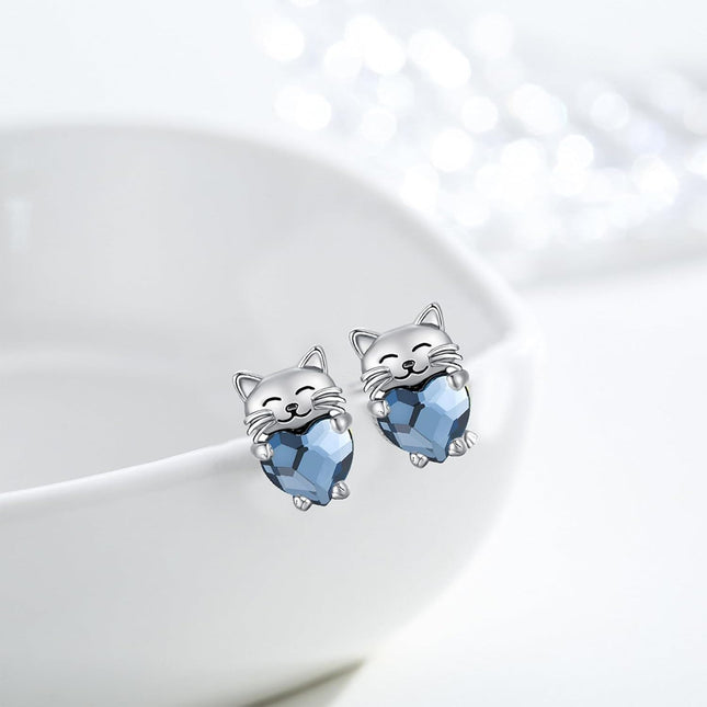 925 Sterling Silver Heart-Shaped Blue Crystal Cat Stud Earrings - Adorable Kitty  for Her