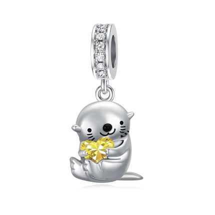 925 Sterling Silver Topaz Otter Charm Bead - 11.2x15mm Sparkling Zircon Jewelry for Bracelets