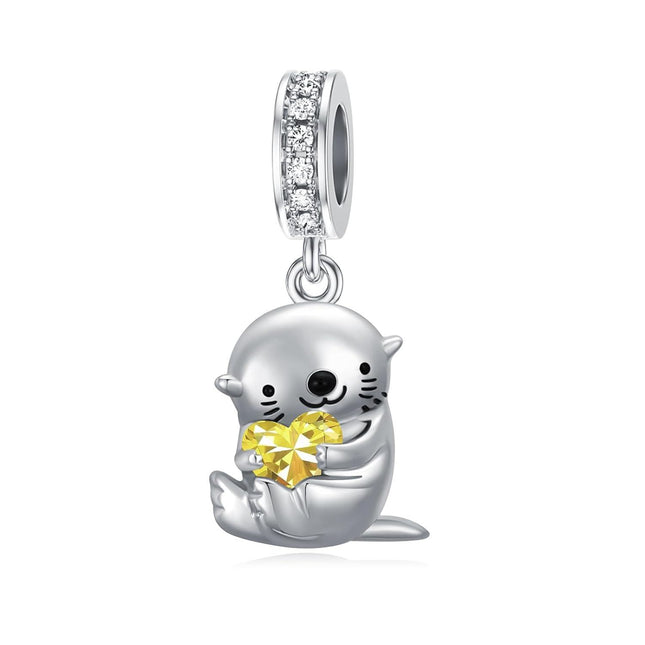 925 Sterling Silver Topaz Otter Charm Bead - 11.2x15mm Sparkling Zircon Jewelry for Bracelets