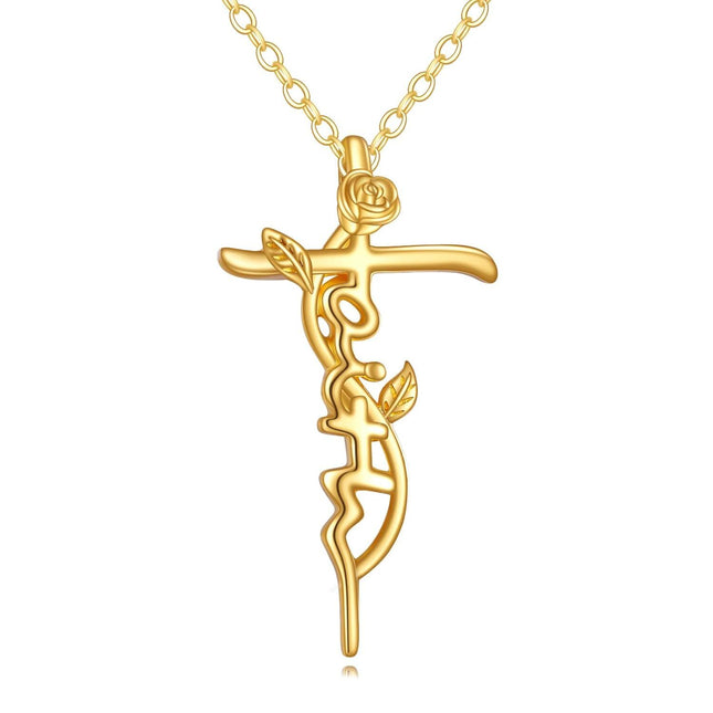 14K Gold Rose Flower Cross Pendant Necklaces Christian s for Women
