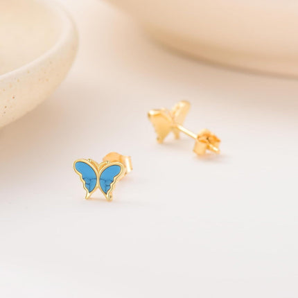 14K Gold Turquoise and Blue Opal Butterfly Stud Earrings for Women