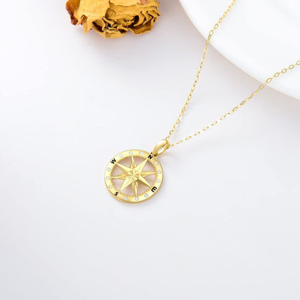 14K Gold CZ Compass Pendant Necklace for Women - 18 Inches Chain