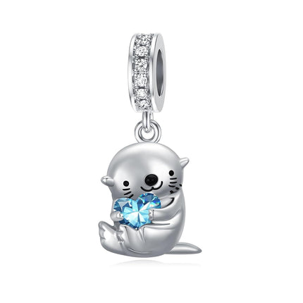 925 Sterling Silver Blue Zircon Otter Charm Bead for Bracelet Jewelry Gift