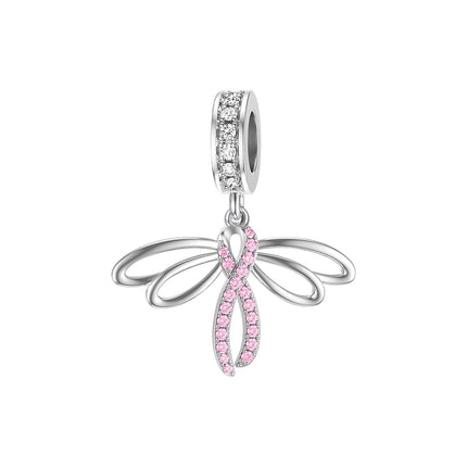 925 Sterling Silver Dragonfly Pink Ribbon Dangle Charm Bead for Pandora Style Bracelets Jewelry Making Supplies (Pink)