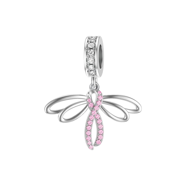 925 Sterling Silver Dragonfly Pink Ribbon Dangle Charm Bead for Pandora Style Bracelets Jewelry Making Supplies (Pink)