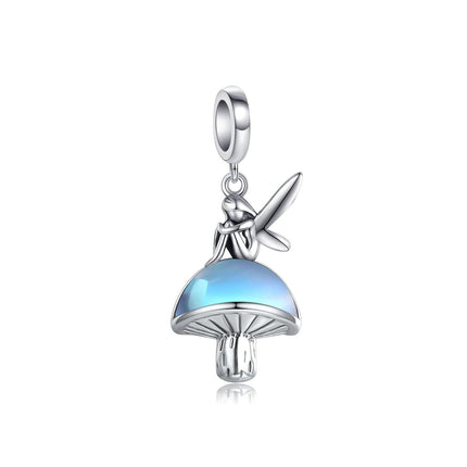 925 Sterling Silver Blue Crystal Mushroom Fairy Pendant Charm Bracelet for Women and Girls