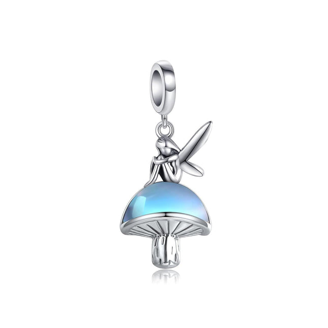 925 Sterling Silver Blue Crystal Mushroom Fairy Pendant Charm Bracelet for Women and Girls