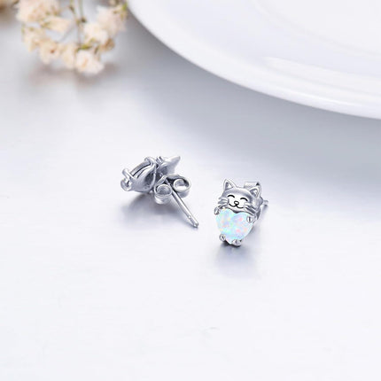 925 Sterling Silver Heart-Shaped Opal Cat Stud Earrings - Adorable Kitty  for Her
