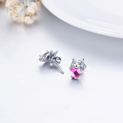925 Sterling Silver Pink Heart Cat Stud Earrings - Adorable Kitty  for Girls & Women