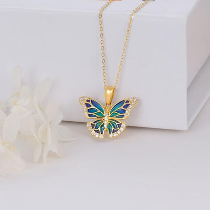 14K Gold Blue Enamel Butterfly Pendant Necklace with Cubic Zirconia Stones - 17 Inches Chain Length