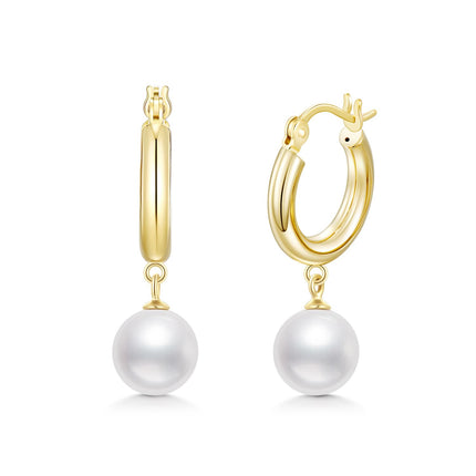 14K Gold Freshwater Cultured Pearl 3mm Huggie Hoop Earrings with Snake Shape Pendant