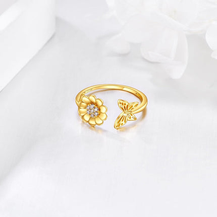 14K Gold Adjustable Bee and Daisy Flower Open Ring  for Women Her
