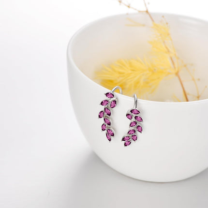 925 Sterling Silver Pink Austrian Crystal Leaf Ear Climber Hypoallergenic Earrings
